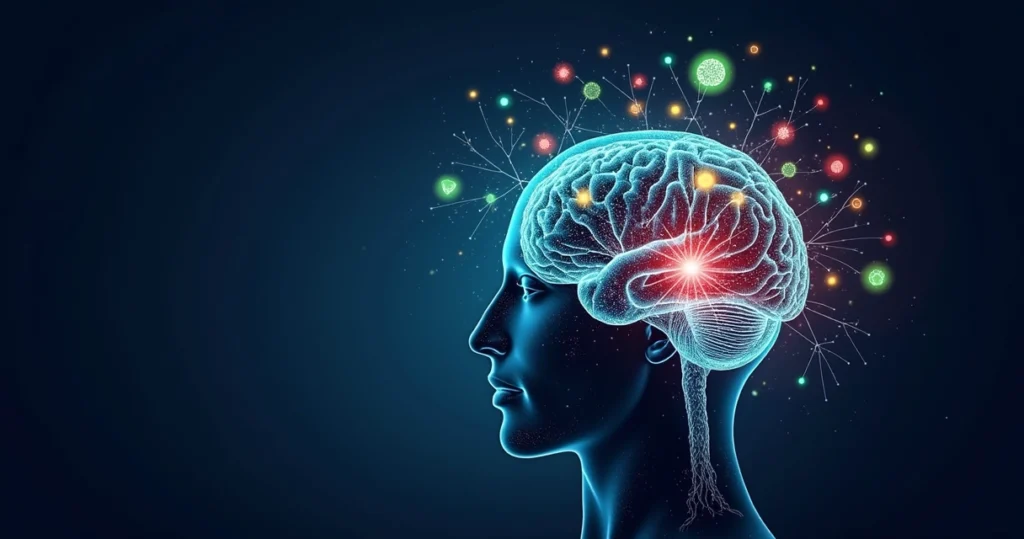 Ilustração de cérebro colorido mostrando diferentes conexões neurais e áreas destacadas