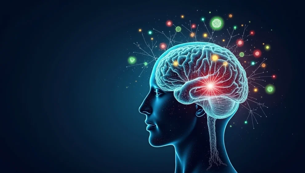 Ilustração de cérebro colorido mostrando diferentes conexões neurais e áreas destacadas