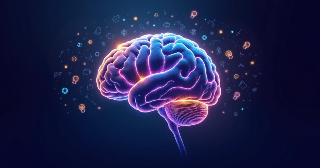 Ilustração de cérebro com conexões neurais destacadas em várias cores, simbolizando raciocínio acelerado e neurodiversidade