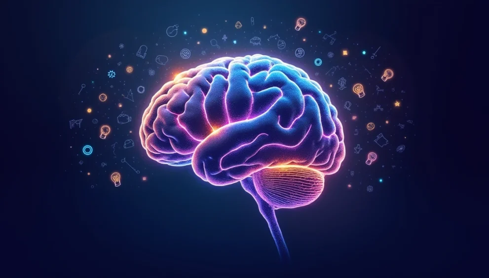 Ilustração de cérebro com conexões neurais destacadas em várias cores, simbolizando raciocínio acelerado e neurodiversidade