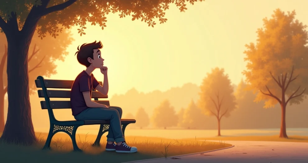 Garoto pensativo sentado sozinho em um banco, refletindo sobre o mundo ao seu redor