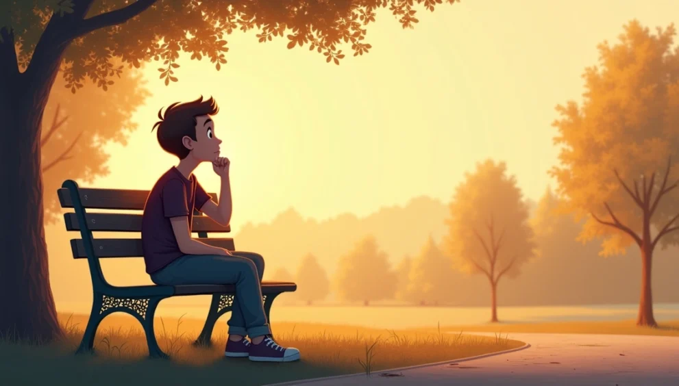 Garoto pensativo sentado sozinho em um banco, refletindo sobre o mundo ao seu redor