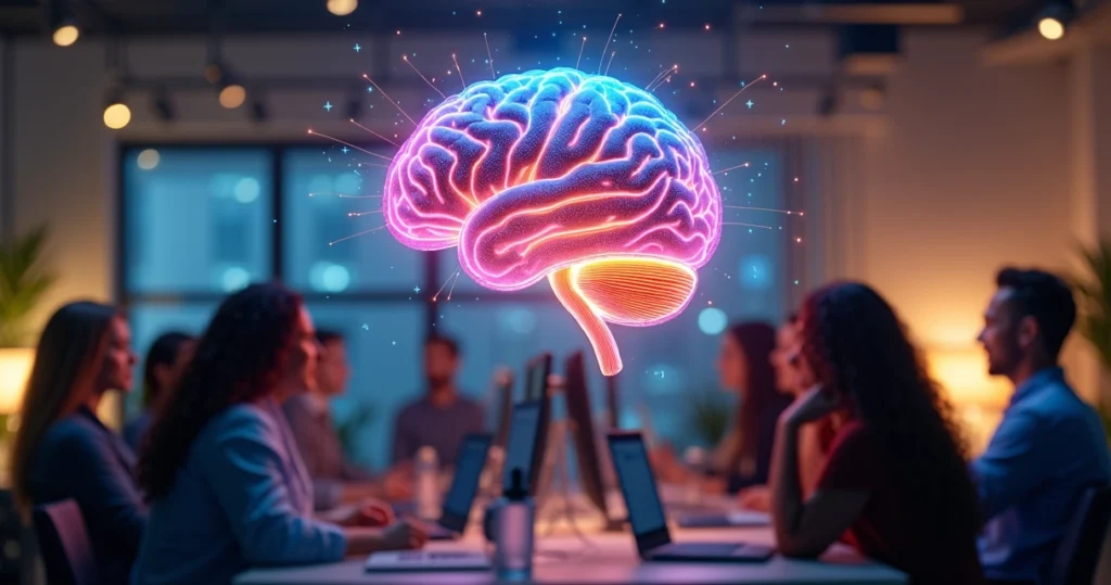 Cérebro humano colorido com conexões neurais brilhantes em ambiente moderno de trabalho inclusivo