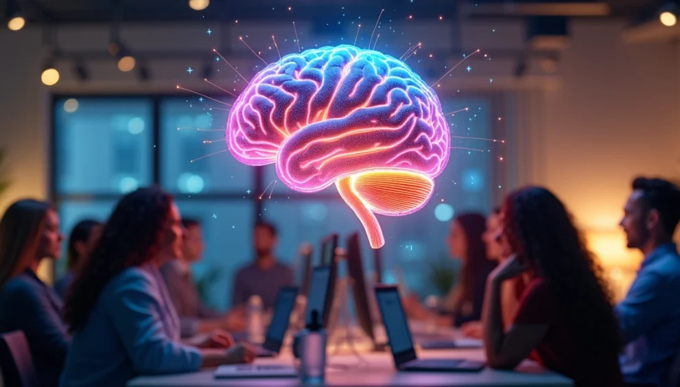 Cérebro humano colorido com conexões neurais brilhantes em ambiente moderno de trabalho inclusivo