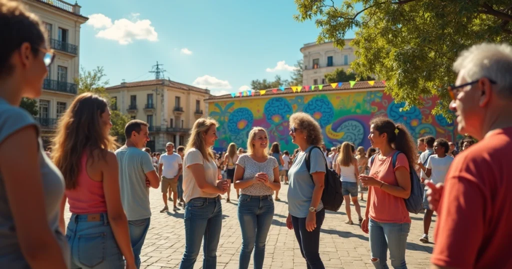 Grupo diverso de pessoas em uma praça urbana no Brasil, com expressão de união e inclusão social