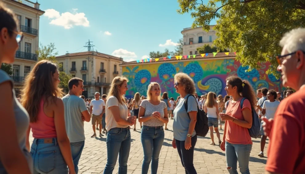 Grupo diverso de pessoas em uma praça urbana no Brasil, com expressão de união e inclusão social