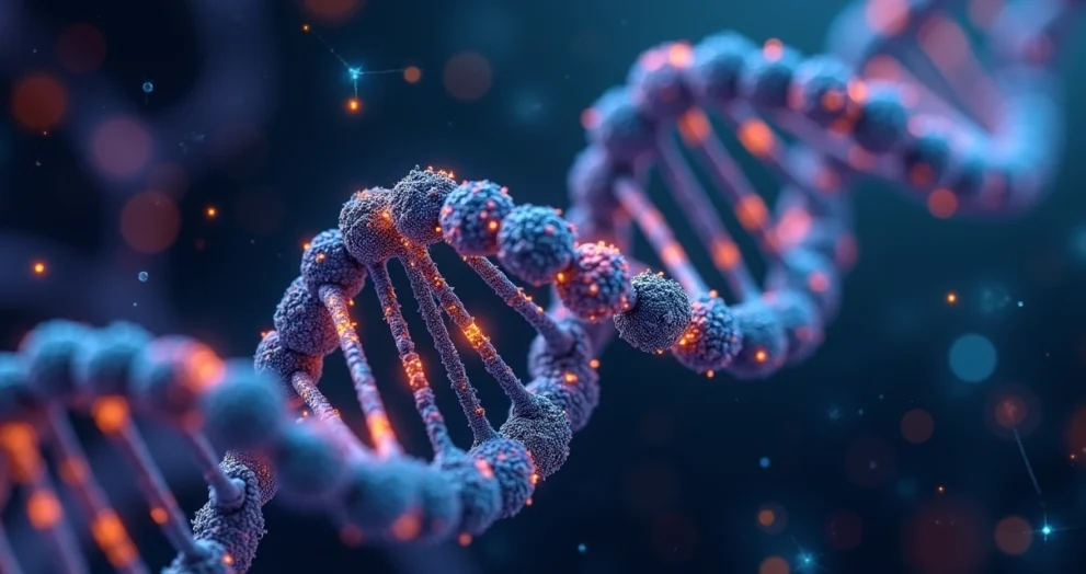 Estrutura molecular de DNA com elementos científicos e formas geométricas coloridas representando genes e neurodivergência