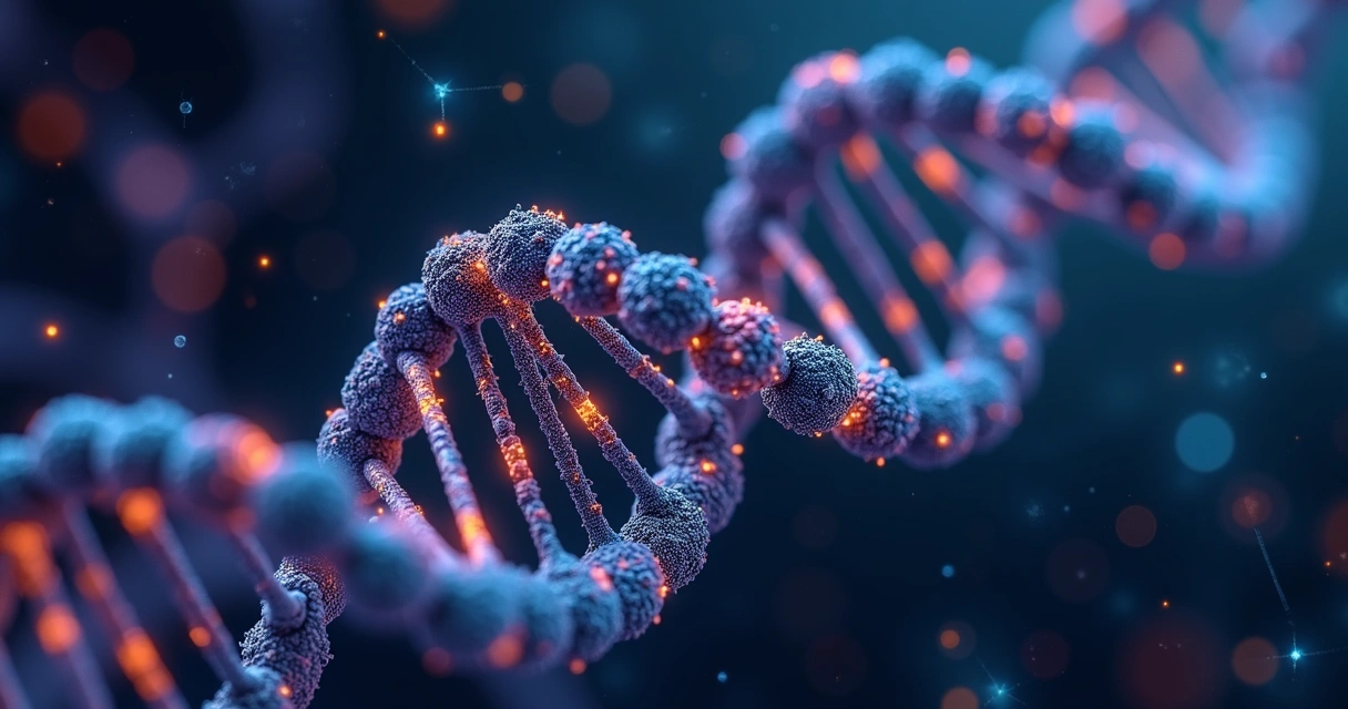 Estrutura molecular de DNA com elementos científicos e formas geométricas coloridas representando genes e neurodivergência