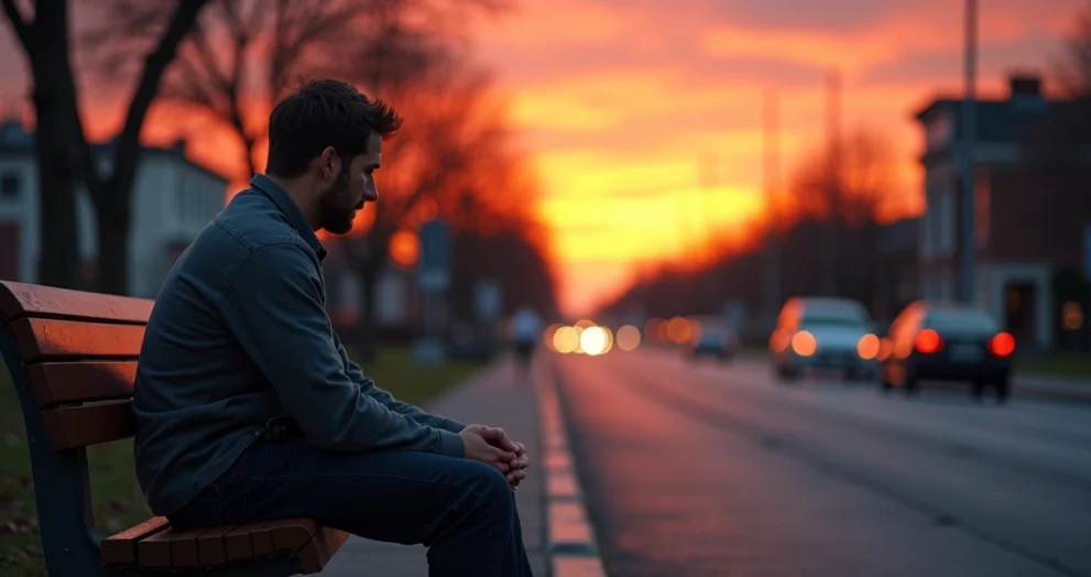 Homem sentado sozinho olhando para o horizonte ao entardecer em cenário urbano