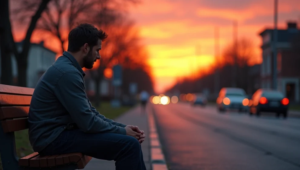 Homem sentado sozinho olhando para o horizonte ao entardecer em cenário urbano