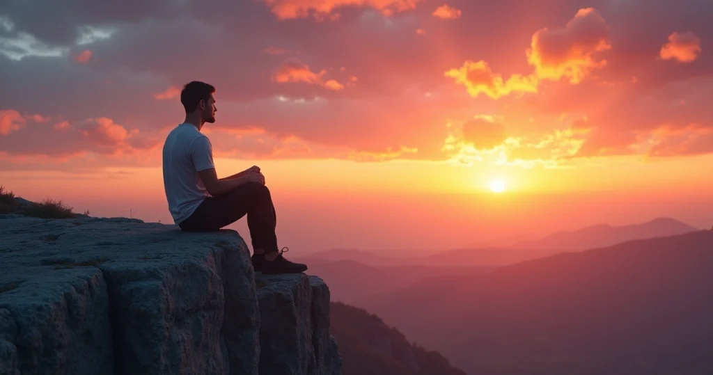 Homem sozinho sentado numa pedra olhando o pôr do sol em ambiente natural aberto