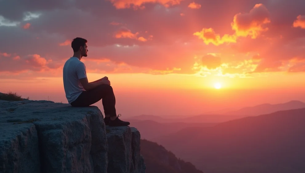 Homem sozinho sentado numa pedra olhando o pôr do sol em ambiente natural aberto