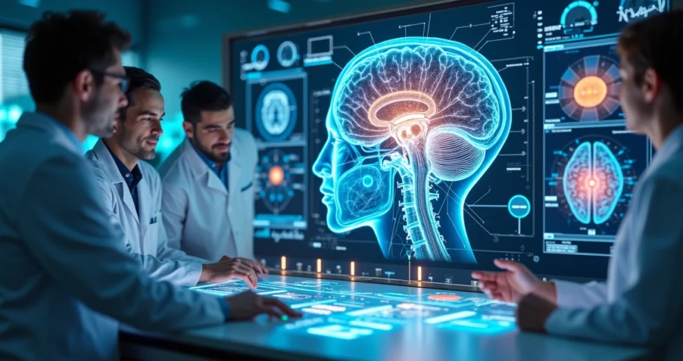 Representação realista de inteligência artificial auxiliando em diagnóstico de neurodivergência com gráficos e ícones digitais