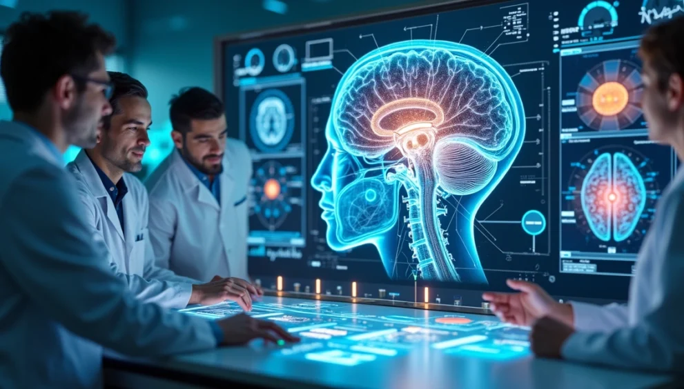 Representação realista de inteligência artificial auxiliando em diagnóstico de neurodivergência com gráficos e ícones digitais