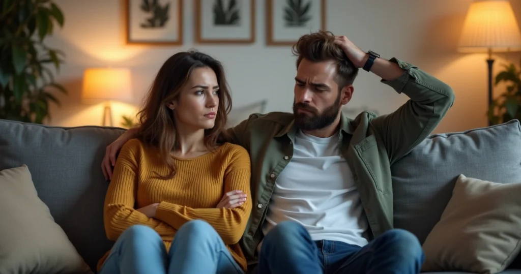 Casal sentado no sofá em discussão intensa, mostrando tensão emocional e afastamento físico