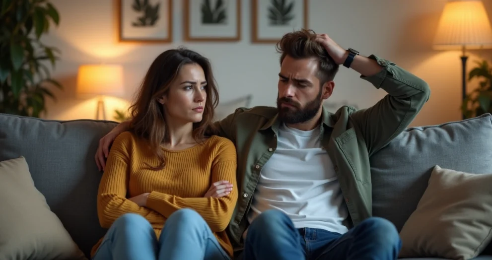 Casal sentado no sofá em discussão intensa, mostrando tensão emocional e afastamento físico