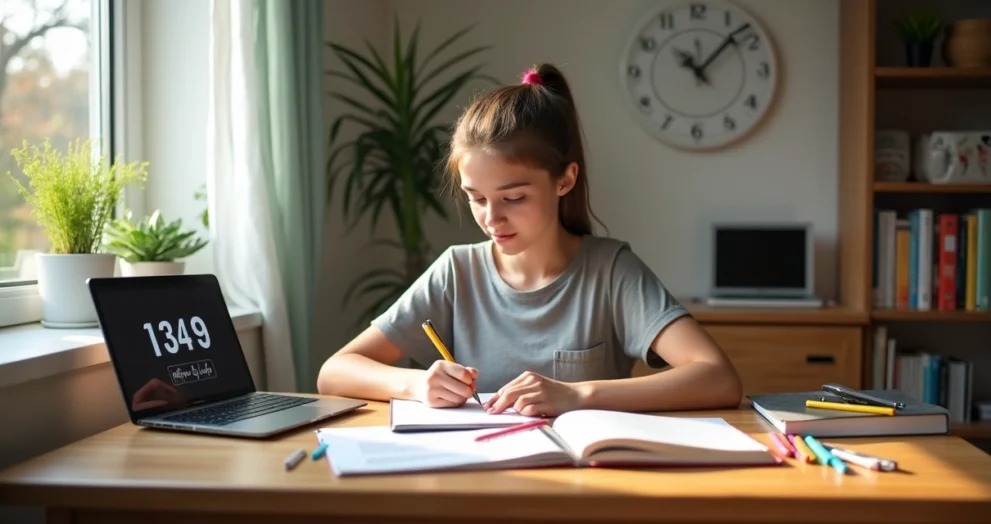 Jovem sentado à mesa de estudos em ambiente iluminado, focado em anotações com cadernos, laptop e canetas ao redor