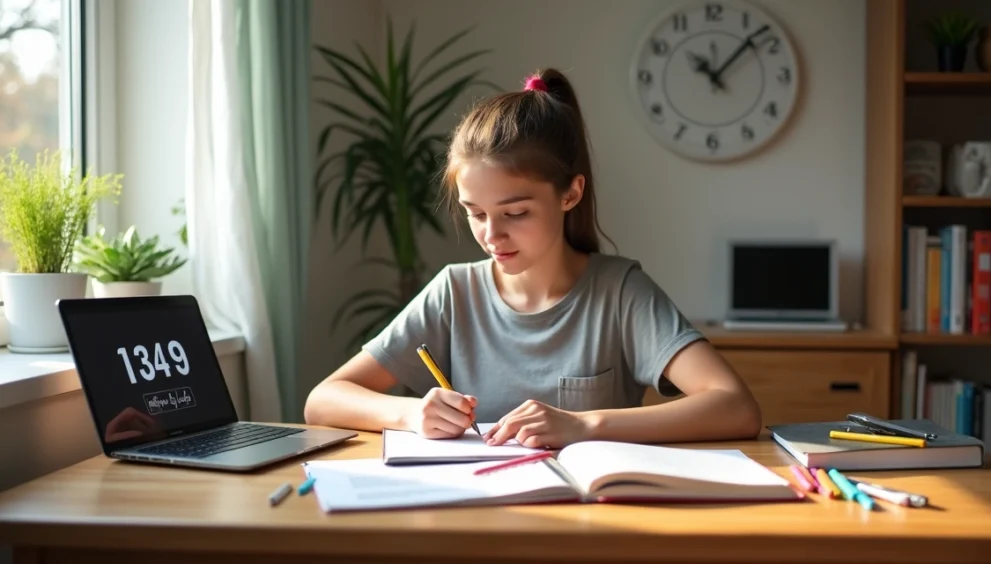 Jovem sentado à mesa de estudos em ambiente iluminado, focado em anotações com cadernos, laptop e canetas ao redor