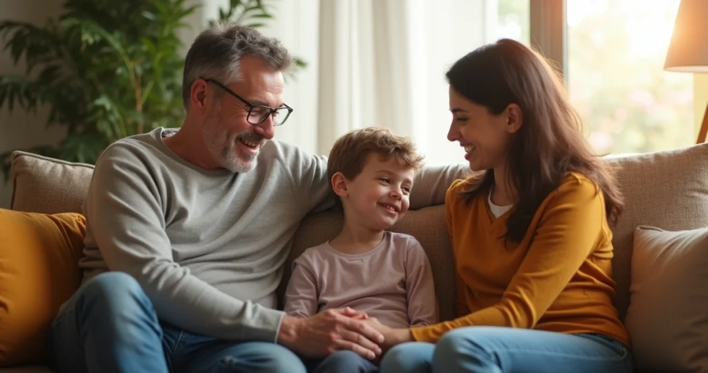 Família reunida na sala de estar, demonstrando apoio e cuidado emocional em ambiente doméstico