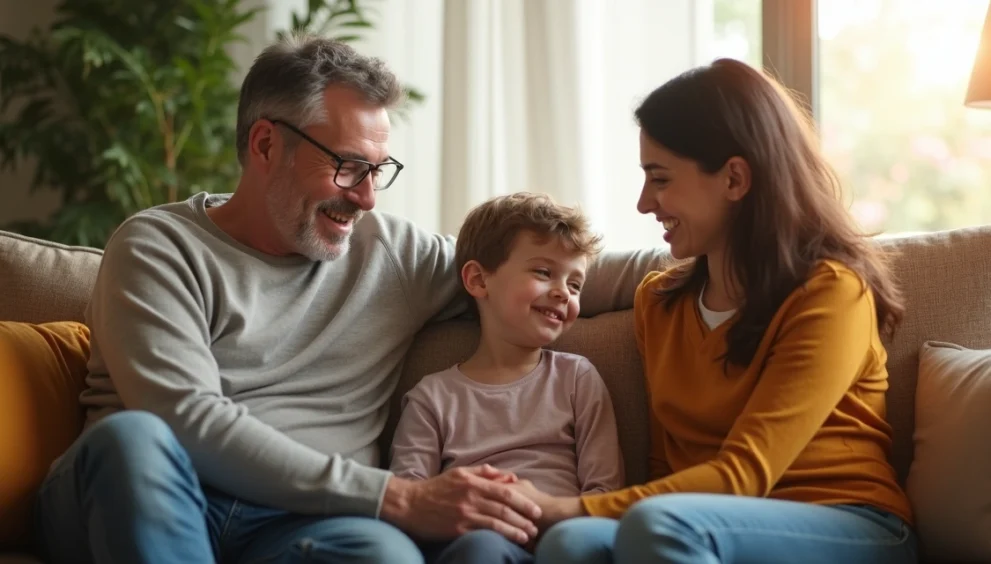 Família reunida na sala de estar, demonstrando apoio e cuidado emocional em ambiente doméstico