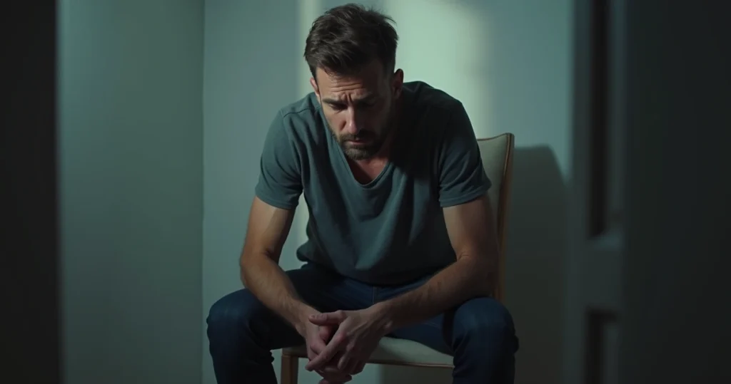 Homem sentado sozinho com expressão de frustração e solidão em ambiente interno iluminado suavemente