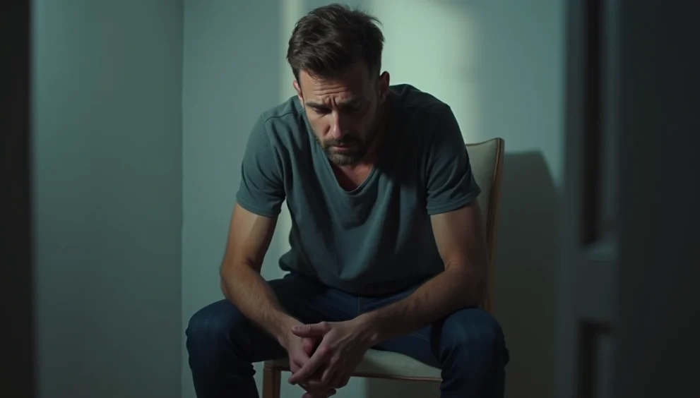 Homem sentado sozinho com expressão de frustração e solidão em ambiente interno iluminado suavemente