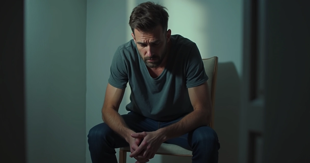 Homem sentado sozinho com expressão de frustração e solidão em ambiente interno iluminado suavemente