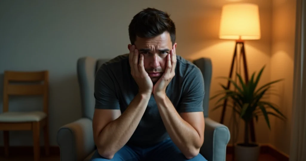 Homem sentado sozinho em ambiente interno, expressão pensativa e levemente ansiosa, mãos no rosto, luz suave iluminando o ambiente tranquilo
