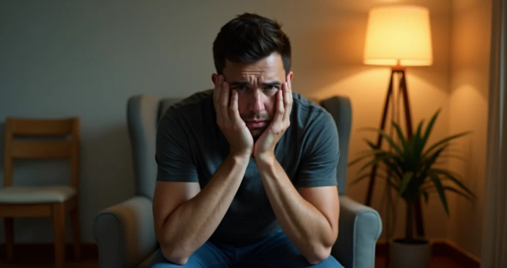 Homem sentado sozinho em ambiente interno, expressão pensativa e levemente ansiosa, mãos no rosto, luz suave iluminando o ambiente tranquilo