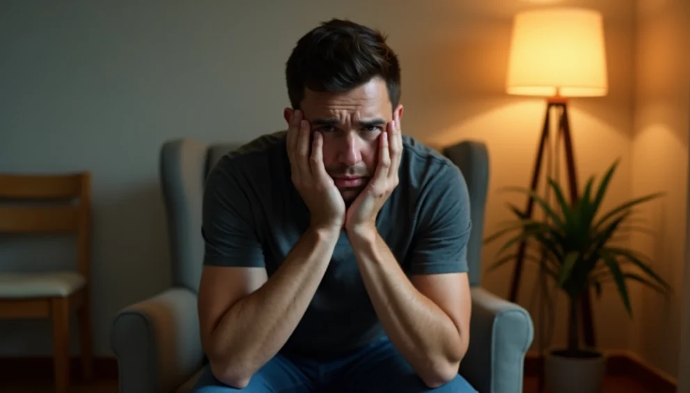 Homem sentado sozinho em ambiente interno, expressão pensativa e levemente ansiosa, mãos no rosto, luz suave iluminando o ambiente tranquilo