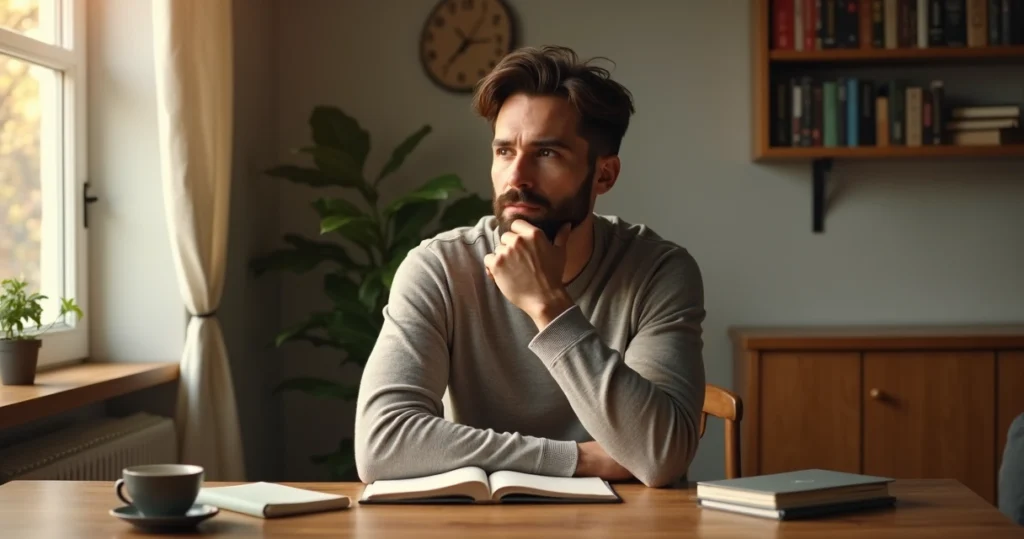 Homem sentado à mesa com expressão pensativa em ambiente doméstico iluminado
