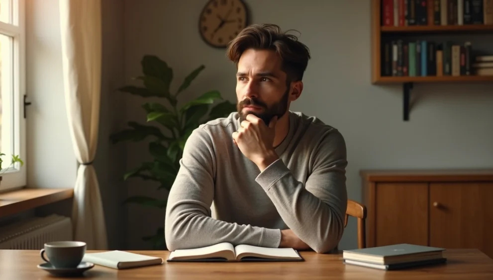 Homem sentado à mesa com expressão pensativa em ambiente doméstico iluminado