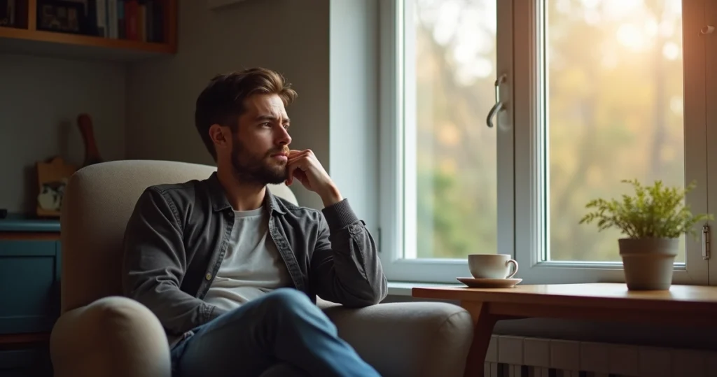 Homem sentado em cadeira, olhando pela janela em manhã de segunda-feira com expressão pensativa e ambiente iluminado por luz natural suave