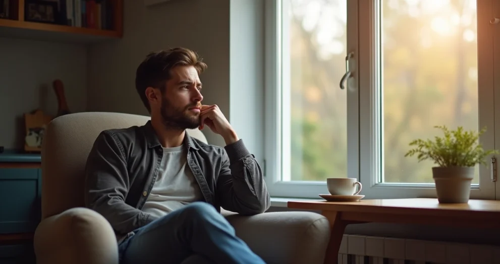 Homem sentado em cadeira, olhando pela janela em manhã de segunda-feira com expressão pensativa e ambiente iluminado por luz natural suave