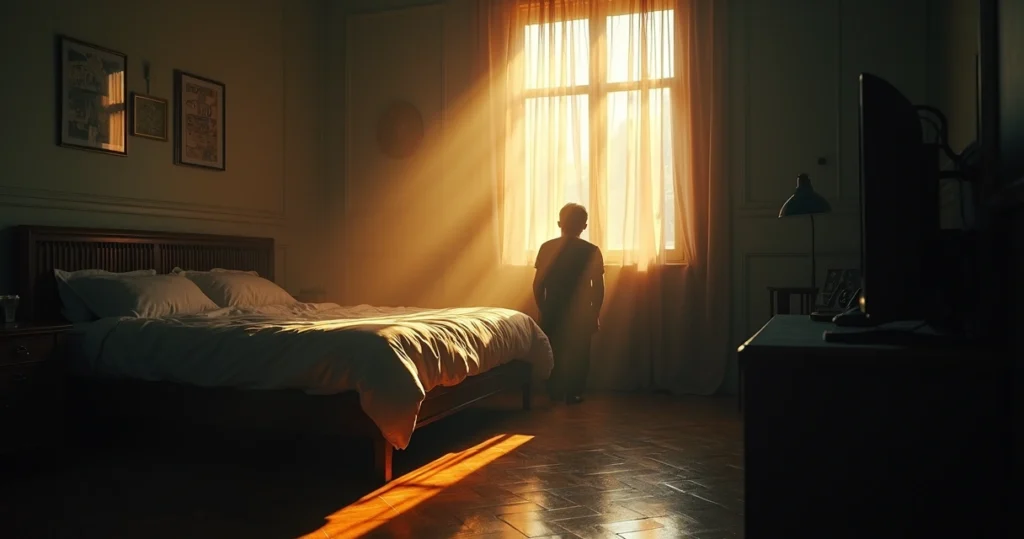 Homem sentado sozinho em um quarto iluminado por luz suave entrando pela janela, olhando para baixo em momento de reflexão profunda