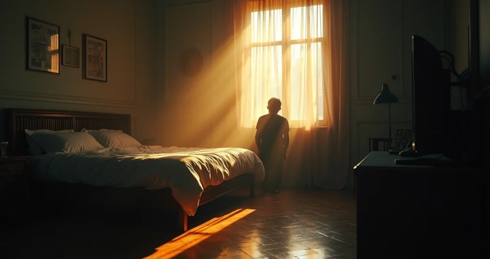 Homem sentado sozinho em um quarto iluminado por luz suave entrando pela janela, olhando para baixo em momento de reflexão profunda