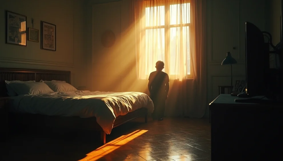 Homem sentado sozinho em um quarto iluminado por luz suave entrando pela janela, olhando para baixo em momento de reflexão profunda