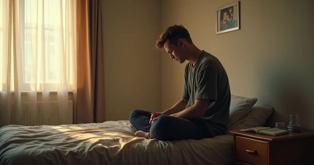 Homem sentado sozinho em um quarto simples com expressão pensativa e melancólica