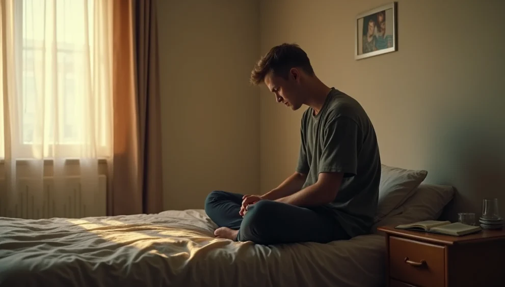 Homem sentado sozinho em um quarto simples com expressão pensativa e melancólica