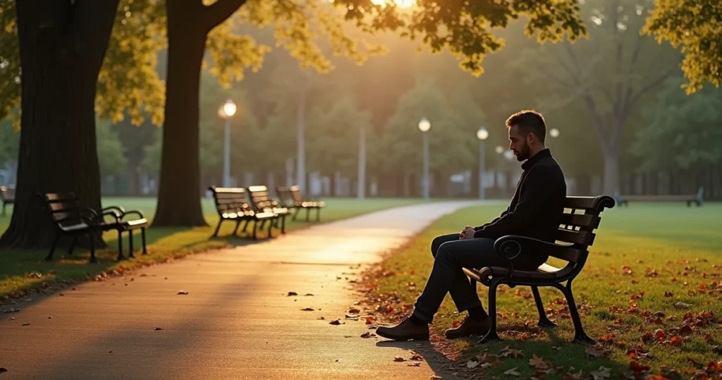 Homem sentado sozinho em banco de parque ao entardecer, olhar pensativo e ambiente tranquilo