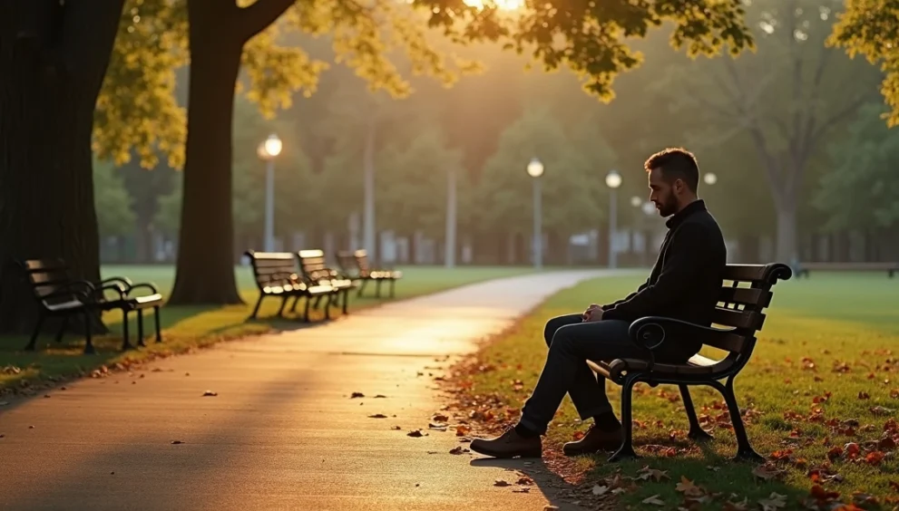 Homem sentado sozinho em banco de parque ao entardecer, olhar pensativo e ambiente tranquilo