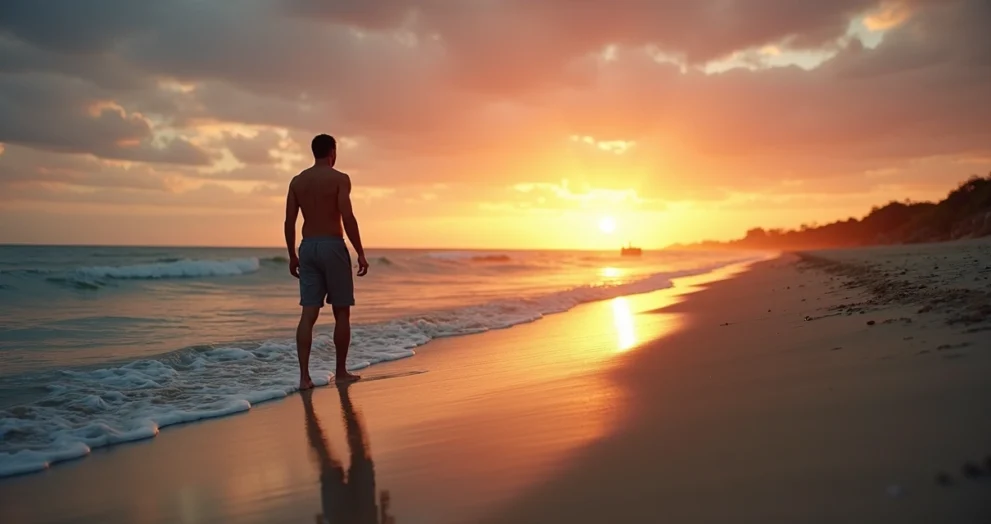 Homem sentado sozinho na praia ao entardecer, olhando para o horizonte com expressão pensativa e ambiente sereno