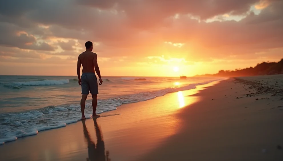 Homem sentado sozinho na praia ao entardecer, olhando para o horizonte com expressão pensativa e ambiente sereno