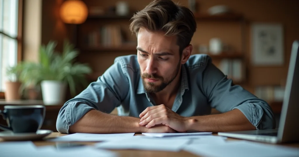 Homem sentado à mesa de trabalho aparente, com expressão de distração e cansaço
