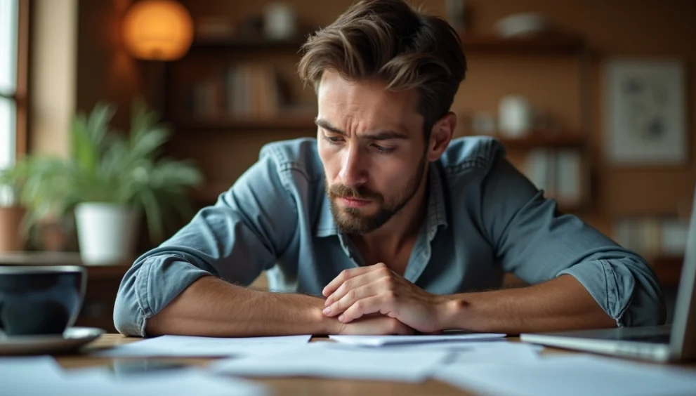 Homem sentado à mesa de trabalho aparente, com expressão de distração e cansaço