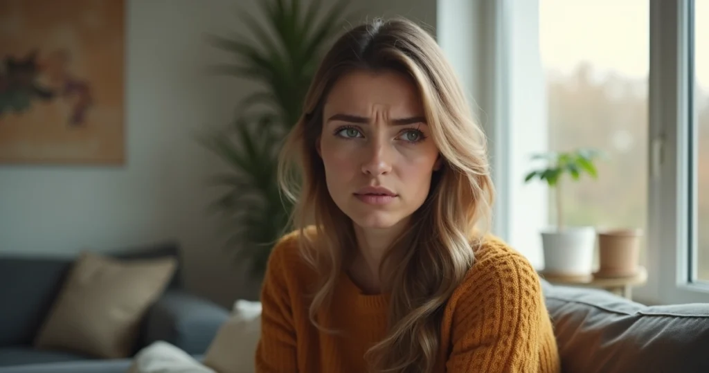 Mulher com expressão desconfiada olhando para o lado em ambiente interno claro