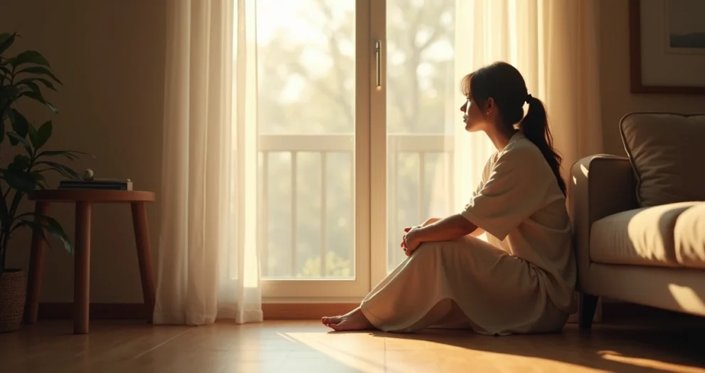 Mulher sentada perto de janela olhando para fora, expressão pensativa, ambiente interno com luz suave natural
