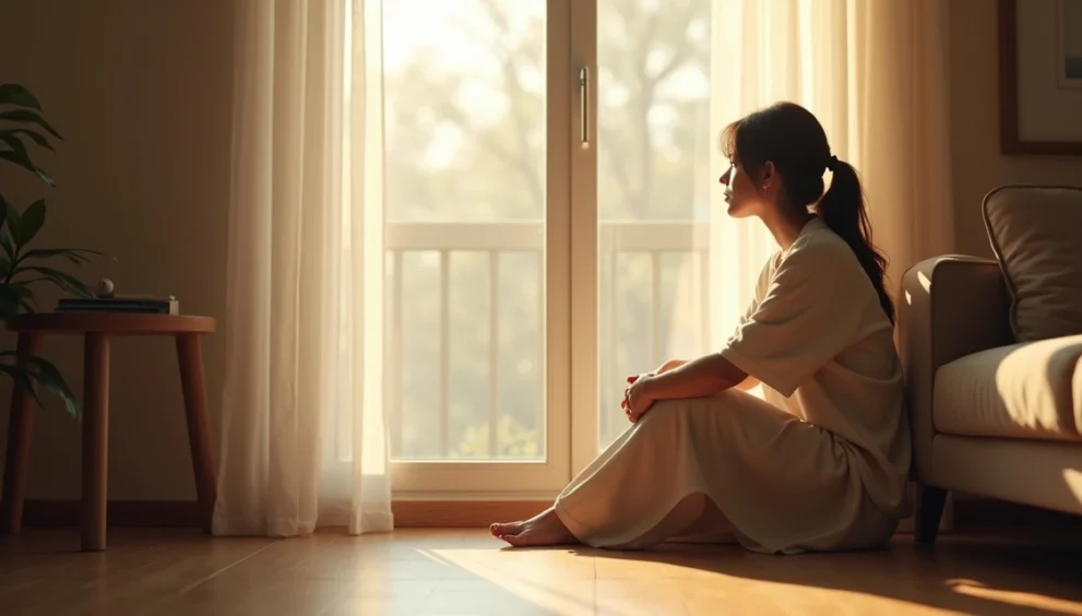 Mulher sentada perto de janela olhando para fora, expressão pensativa, ambiente interno com luz suave natural