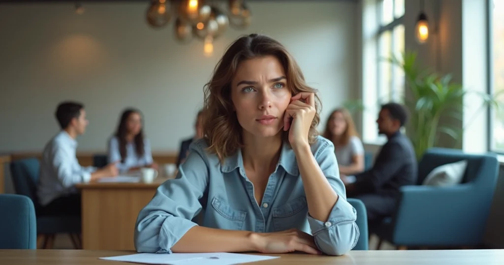 Mulher pensativa sentada em escritório moderno com elementos de equipe ao fundo