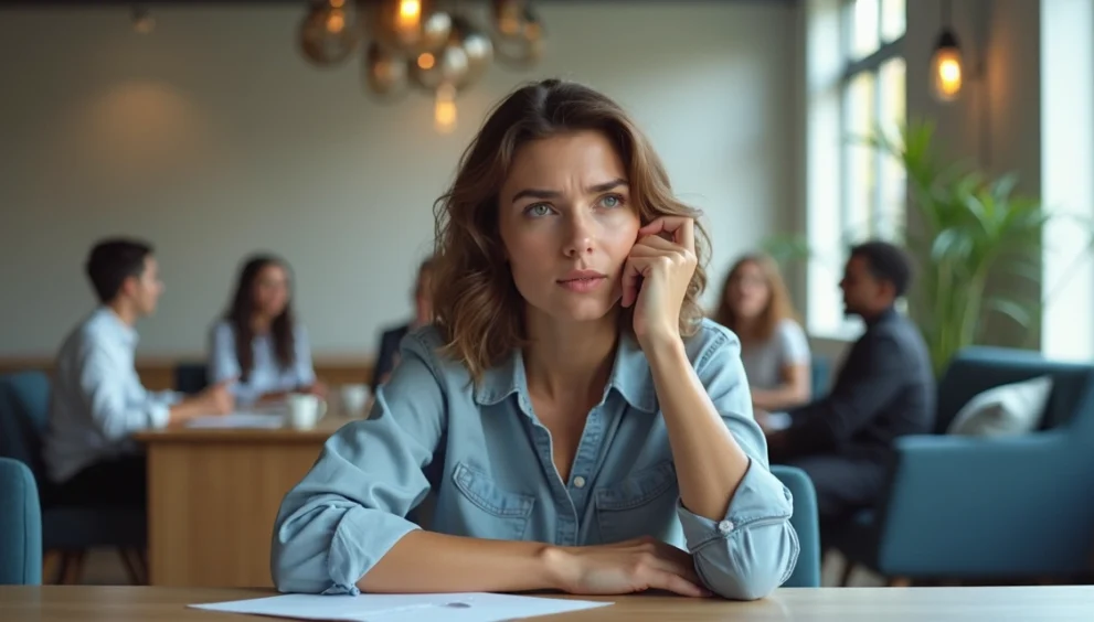 Mulher pensativa sentada em escritório moderno com elementos de equipe ao fundo